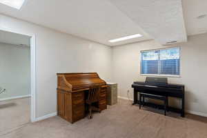 Office with light colored carpet and a textured ceiling