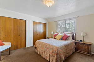 Bedroom with two closets and dark carpet