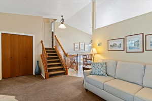 Living room featuring carpet and vaulted ceiling