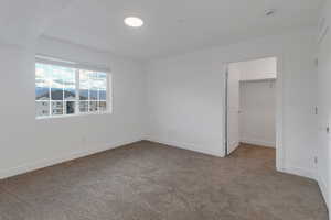 Unfurnished bedroom featuring a spacious closet and carpet floors