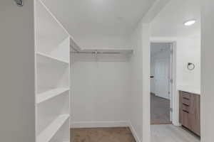 Walk in closet featuring light colored carpet