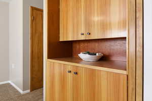 Detailed view of baseboards and carpet flooring