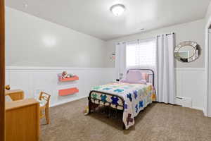Bedroom featuring a wainscoted wall, a decorative wall, carpet, and a baseboard heating unit