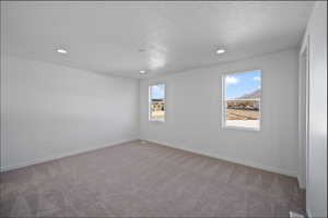 Empty room featuring a textured ceiling, carpet, healthy amount of natural light, and recessed lighting