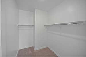 Walk in closet with light colored carpet