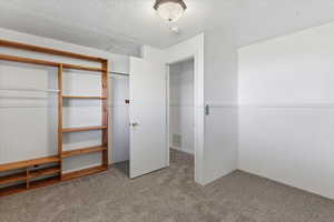 Unfurnished bedroom with a closet, light carpet, a textured ceiling, and wainscoting