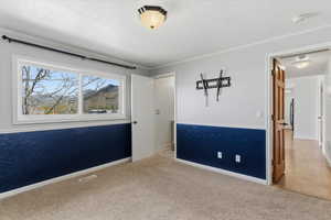 Unfurnished bedroom featuring a textured ceiling, light carpet, and crown molding