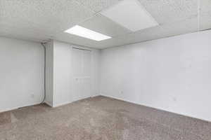 Finished below grade area with carpet flooring and a drop ceiling