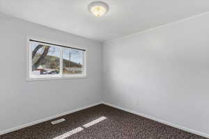 Empty room with ornamental molding and dark carpet