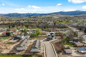 Aerial perspective of suburban area featuring a mountainous background