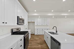 Kitchen featuring stainless steel appliances, dark wood-type flooring, light stone countertops, an island with sink, and white cabinetry
