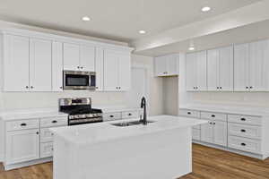 Kitchen featuring stainless steel appliances, a kitchen island with sink, white cabinetry, light wood finished floors, and recessed lighting