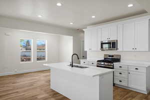 Kitchen featuring white cabinetry, stainless steel appliances, a center island with sink, light wood-style floors, and recessed lighting