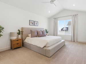 Bedroom with carpet flooring, a ceiling fan, and recessed lighting