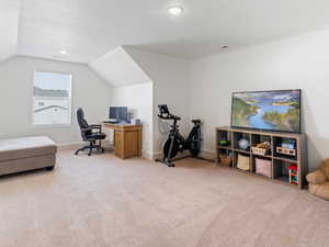 Office with light colored carpet and vaulted ceiling