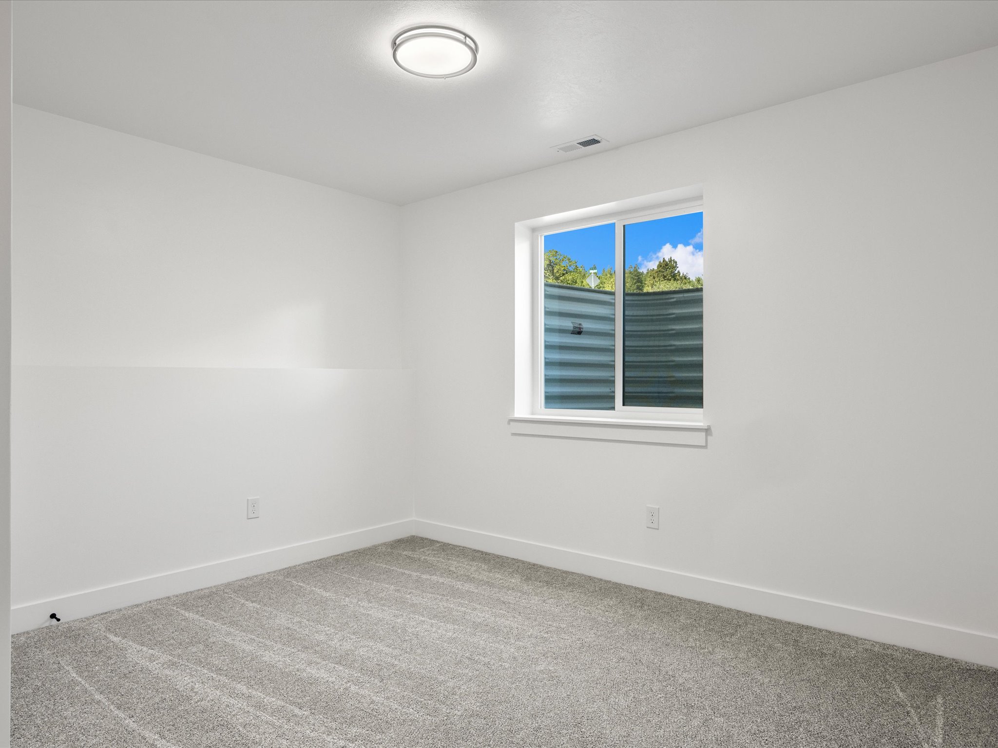 Neutral-toned interior room featuring light gray carpet, white walls, and bright white trim