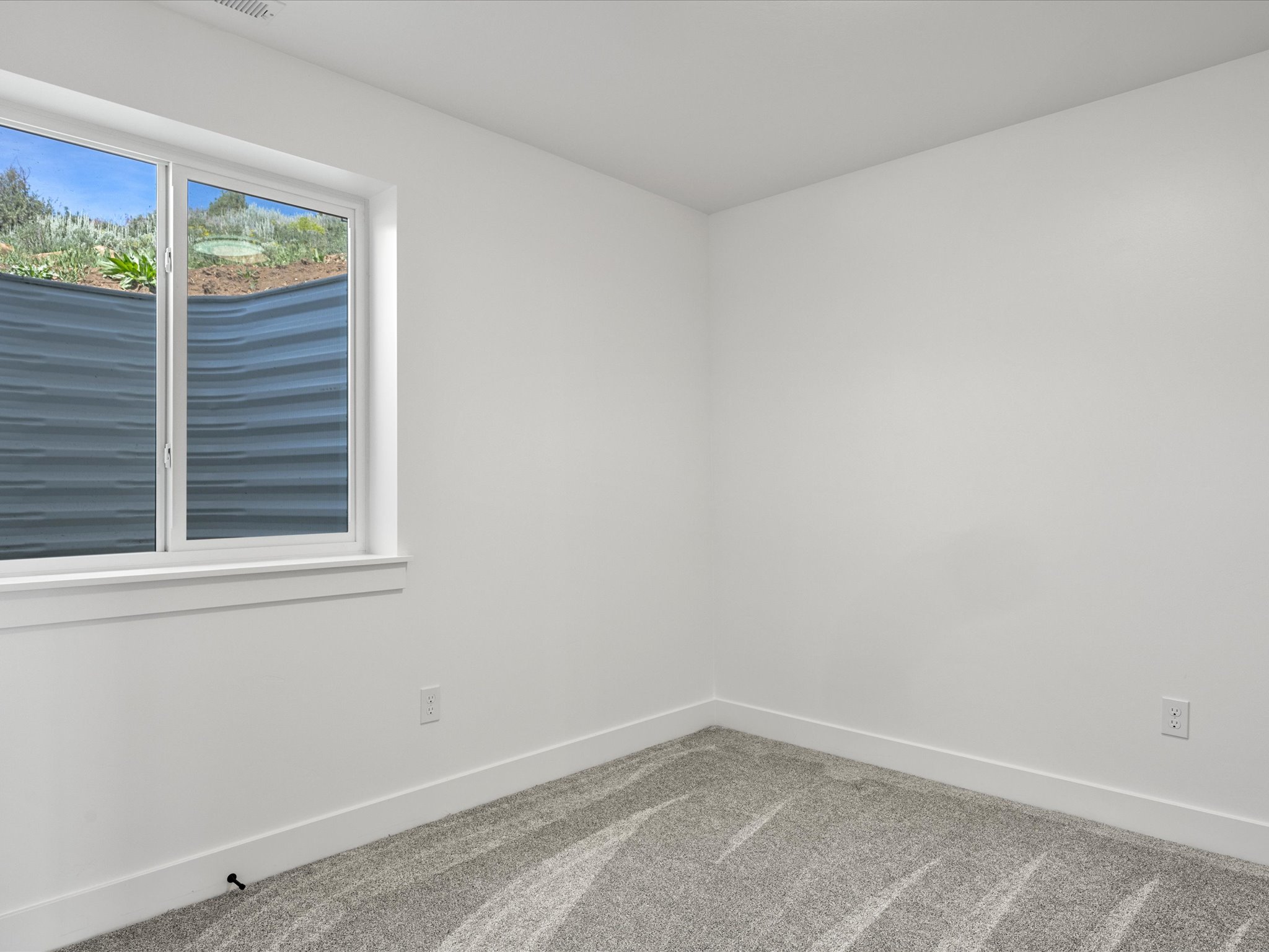 Windowed room featuring plush gray carpeting, crisp white walls, and bright baseboards
