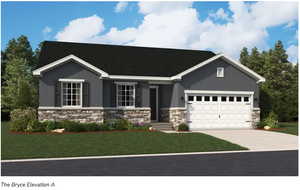 View of front of home featuring stone siding, stucco siding, an attached garage, and a front lawn