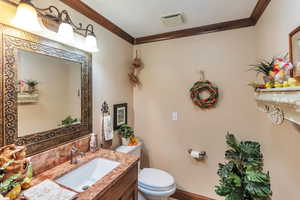 1/2 Bathroom featuring crown molding and vanity