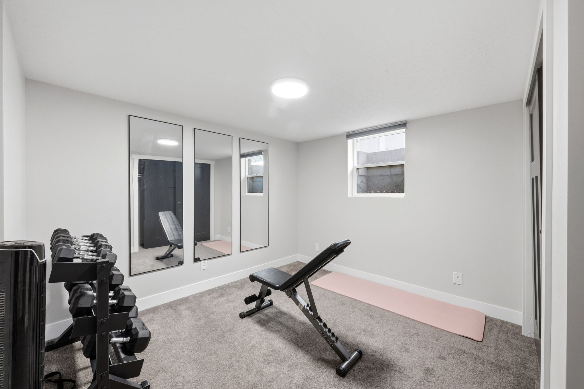 Exercise room featuring light colored carpet