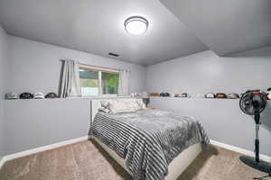 Downstairs bedroom with a nice shelf and neutral paint