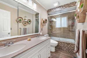 Full bath featuring double vanity and DOUBLE SHOWER HEADS, HEATED bidet toilet, shower / bath, Just off the Master
