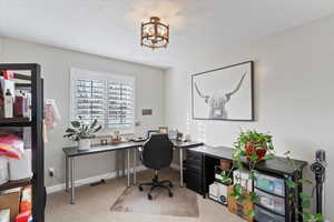 Bedroom 2 or Office space featuring light colored carpet and plantation shutters