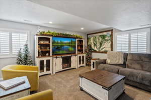 Living room featuring healthy amount of natural light, light carpet, a textured ceiling, and plantation shutters
