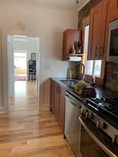 Kitchen with stainless steel appliances, wood finish cabinetry, light wood-type flooring, and plenty of natural light