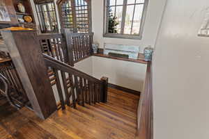 Stairs leading to lower level featuring hardwood / wood-style flooring