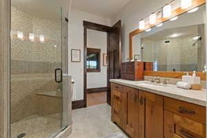 Blue bedroom Bathroom with vanity and a shower stall