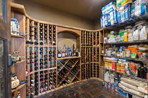 Wine area featuring dark wood-type flooring