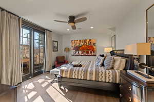 Bear Bedroom with recessed lighting, access to outside, ceiling fan, and light wood-style floors
