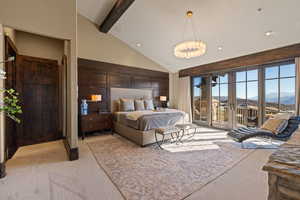 Bedroom featuring a mountain view, recessed lighting, access to exterior, lofted ceiling, and light colored carpet