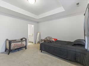 Bedroom with a tray ceiling, carpet, and connected bathroom