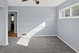 Unfurnished room with carpet, plenty of natural light, and ceiling fan