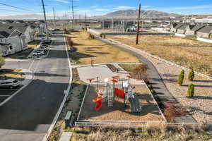 Aerial perspective of playground and basketball.