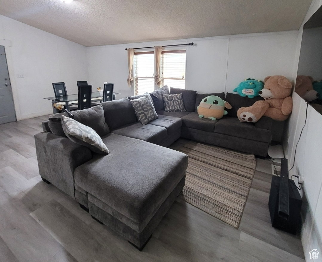 Living area featuring wood finished floors and a textured ceiling