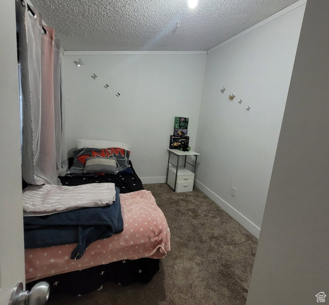 Bedroom with dark carpet and a textured ceiling