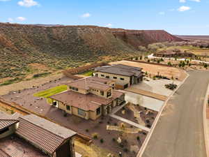 Aerial view of residential area featuring mountains