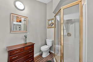 Full bathroom featuring a shower stall, light wood-style floors, and vanity