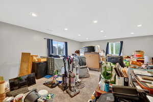 Master bedroom featuring plenty of natural light, carpet, and recessed lighting