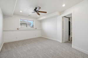 Bedroom #4 with a ceiling fan, light colored carpet, and recessed lighting