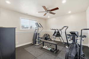 Workout room/bedroom #5 with a ceiling fan and recessed lighting
