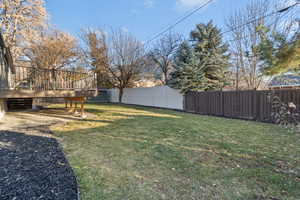 Fenced backyard with a deck