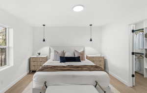 Bedroom featuring light wood-style floors and a spacious closet