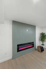 Detailed view of a glass covered fireplace and wood finished floors