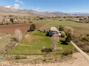 Aerial view of sparsely populated area with mountains