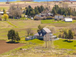 Aerial view of sparsely populated area with a pastoral area
