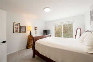 Bedroom featuring carpet flooring and baseboards